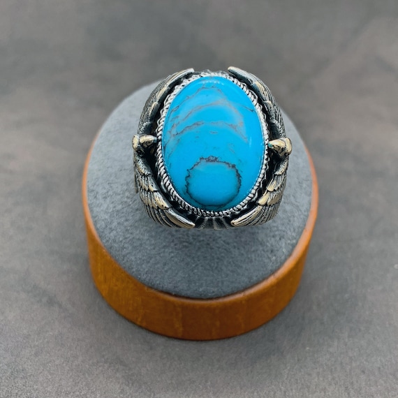Solid 925 Sterling Silver Eagle Figure Ring With Oval Turquoise Stone - Men's Size 9.5 - View #5