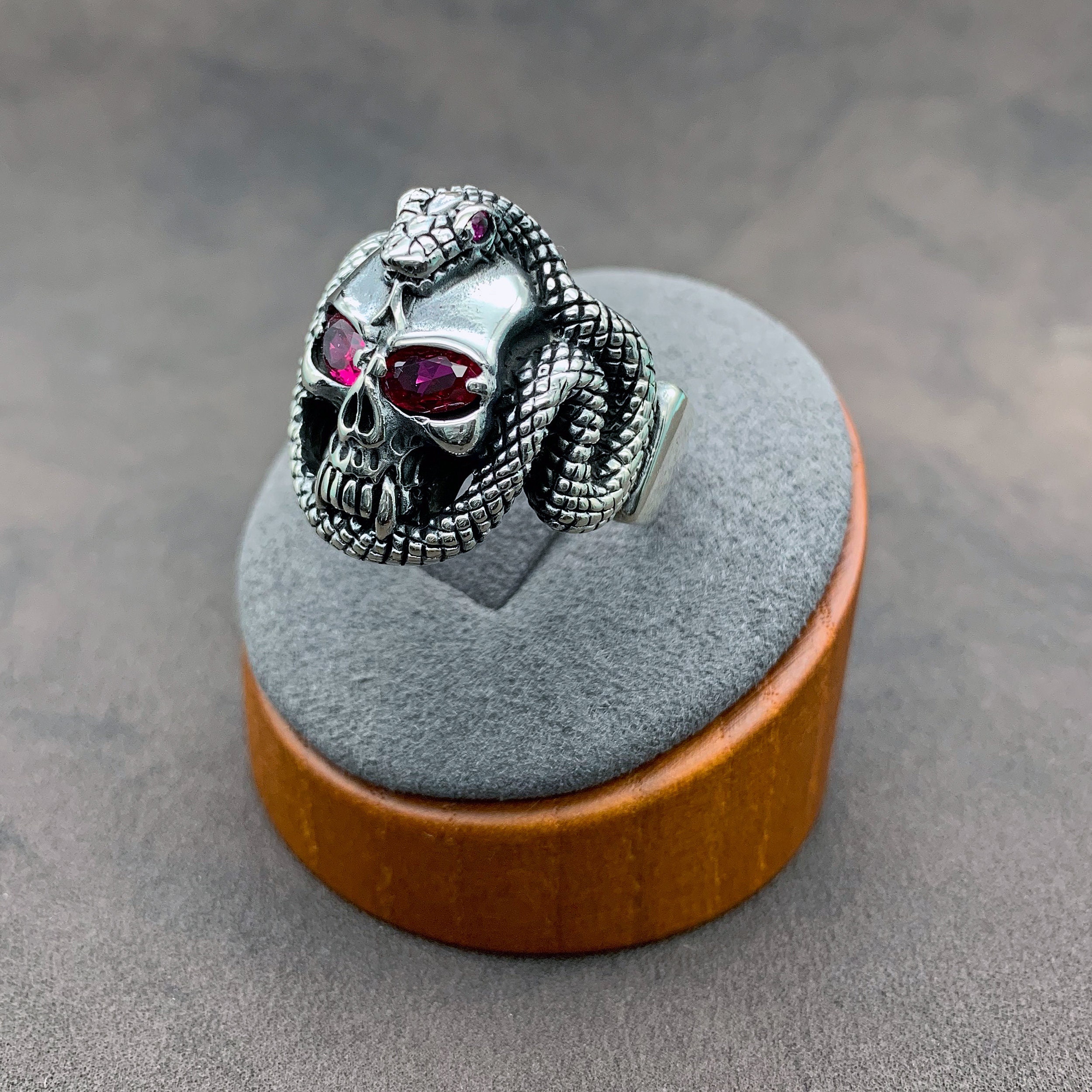 925 Sterling Silver Biker Ring – Skull Wrapped with Serpent (Men’s Ring)
