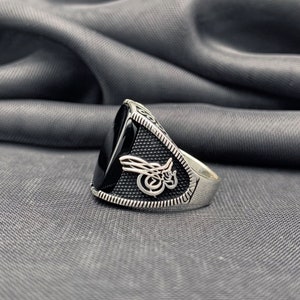 925 Sterling Silver Black Onyx Stone Men’s Ring. Sultan&#39;s Tughra. Size 9, 10, 11