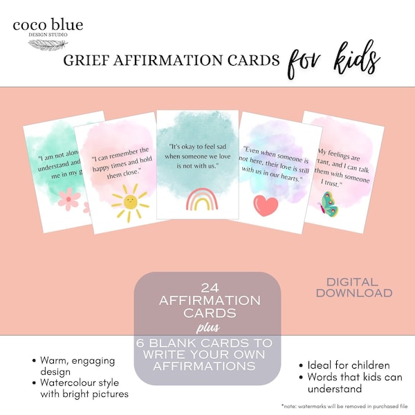 grief affirmation cards digital, grief affirmations, digital affirmation cards, grief affirmation for kids, therapy cards, kids grief cards