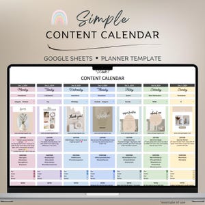 May include: A laptop screen displays a digital content calendar template. The template is titled "Simple Content Calendar" and includes sections for daily content planning, with headings like "Spring" and "About me". The design incorporates pastel colors and a rainbow graphic.