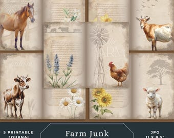 Farm Animal Junk Journal Pages, Vintage Watercolor Scrapbook (Digital Download)