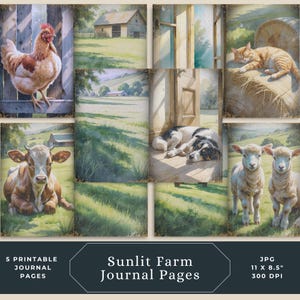 Diário de fazenda, páginas para impressão de diário de fazenda iluminado pelo sol, álbum de recortes de animais de fazenda vintage em aquarela, conjunto de papel para scrapbook digital