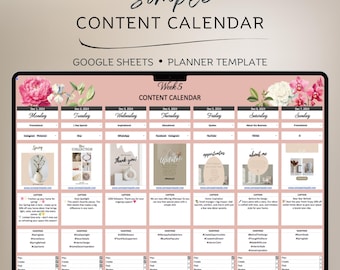 May include: A laptop screen displays a pink and white content calendar template. The text "Simple Content Calendar" and "Google Sheets Planner Template" are visible. The calendar includes sections for each day of the week, with example content ideas.