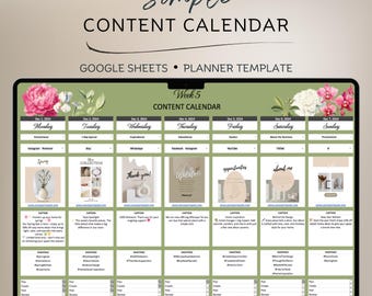 May include: A digital content calendar template displayed on a laptop screen. The calendar, labeled "Week 5," features daily sections with headings like "Monday" and "Sunday." The design includes floral accents and the text "Simple Content Calendar."