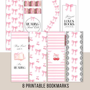 Coquette Printable Bookmarks Bundle, 8 bookmarks design, Girly bows coquette, Bookmark digital download, Girls bookmark, Reading Social Club