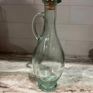 Vintage Pitcher Cruet Green Glass Bottle with Cork Stopper 9.75&quot; Tall with Cork