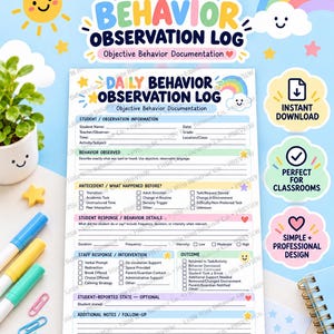 Puede incluir: Un formulario imprimible de registro de observación de comportamiento diario con secciones para información del estudiante, detalles de conducta, antecedentes, intervenciones y resultados, con un gráfico de sol y arcoíris.