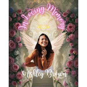 İn Loving Memory PNG, Pink Rose Heaven gate Stairway Memorial Background Blue Sky Background, , Funeral Card, Rip png, shirt Template blue