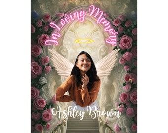 İn Loving Memory PNG, Pink Rose Heaven gate Stairway Memorial Background Blue Sky Background, , Funeral Card, Rip png, shirt Template blue