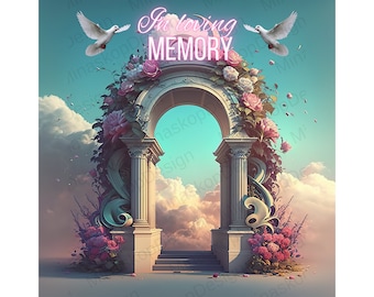In Loving Memory,Heaven Gate,Memorial background,angel wings,Blue Sky to Heaven, Printable RIP Background, 4 Files Included, Digital Files
