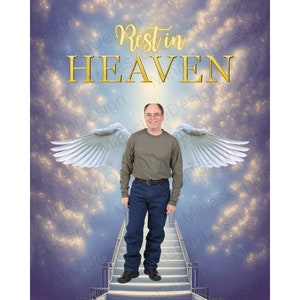 In Loving Memory,Rest in heaven,baby blue background,Memorial Template Digital Memorial Backdrop Angel Wings Heaven&#39;s Gate PNG