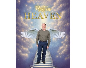 In Loving Memory,Rest in heaven,baby blue background,Memorial Template Digital Memorial Backdrop Angel Wings Heaven's Gate PNG