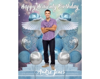 Happy Heavenly Birthday PNG, Blue Sky Heavens Gate, Memorial Background for Funeral,Heavenly card, T-Shirt Template