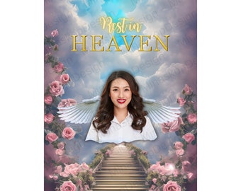 Rest in Heaven Background, Pink Rose Heaven gate Stairway Memorial PNG, Blue Sky Background,Funeral Rip Memorial, T-shirt Template Memory