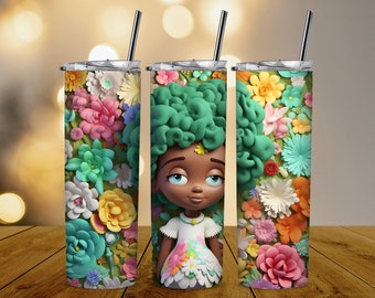 Inflated Afro Tumbler Wrap Png 3D Tumbler Design Skinny Sublimation Digital Download Flower Design Green Afro Tumbler Wrap 20oz Skinny