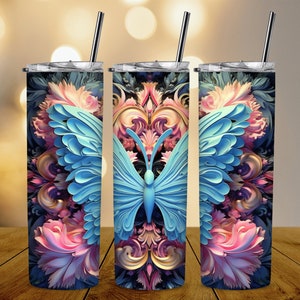 3D Blue Butterfly Pastel Butterflies 20oz Skinny Tumbler Sublimation Design, 3D Straight Tapered Tumbler Wrap, Instant PNG Digital Download
