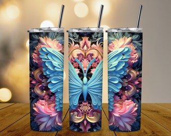 3D Blue Butterfly Pastel Butterflies 20oz Skinny Tumbler Sublimation Design, 3D Straight Tapered Tumbler Wrap, Instant PNG Digital Download