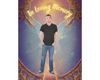 In Loving Memory,Rest in heaven,baby blue background,Memorial Template Digital Memorial Backdrop Angel Wings Heaven's Gate