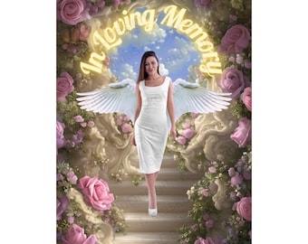 İn Loving Memory PNG, Pink Rose Heaven gate Stairway Memorial Background Blue Sky Background, , Funeral Card, Rip png, shirt Template blue