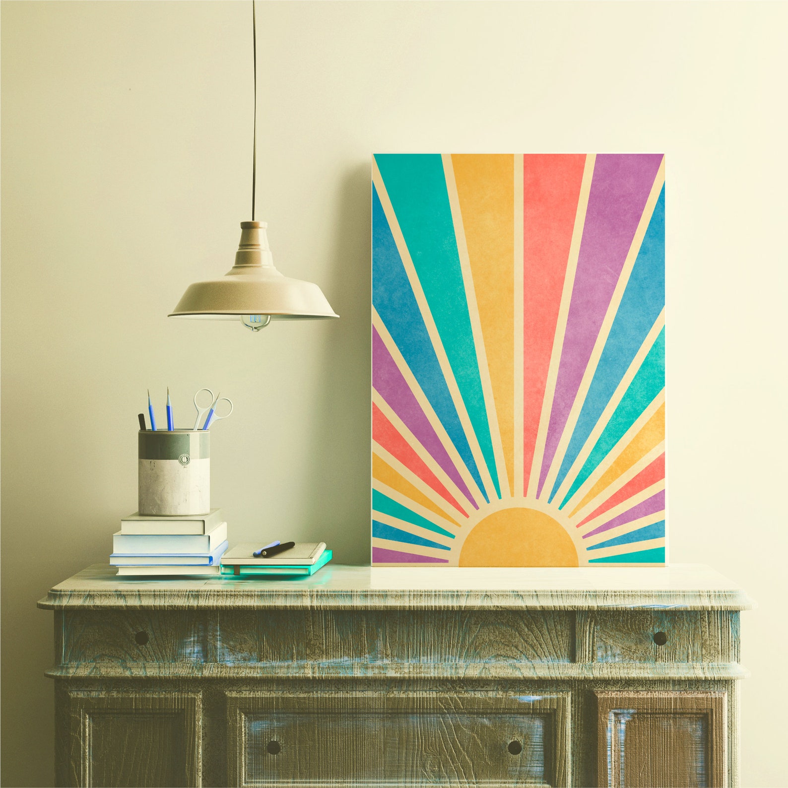 Abstract Sun Print Colorful Wall Art Retro Sunburst Print Etsy