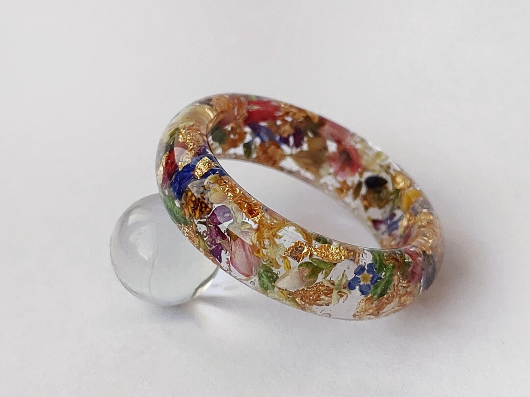 Frangible Rings Floral Resin Ring – Real Dried Flowers Band - Gold & Silver Flake ...