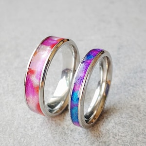 LGBTQ Stainless Steel Ring – Handmade Subtle Pride Resin Jewelry, Matching Band Couples Set Option