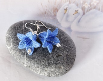 Bluebell Earrings - Blue Lace Earrings - Fairy Earrings - Spring Flowers - Bell Flower - Bluebell Embroidery - Something Blue - Lace Flower