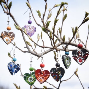Heart Mandala Earrings - Wood Painted Earrings - Handmade Wood Jewelry - Dot Mandala Earrings - Small Dangle Earrings - Boho Style