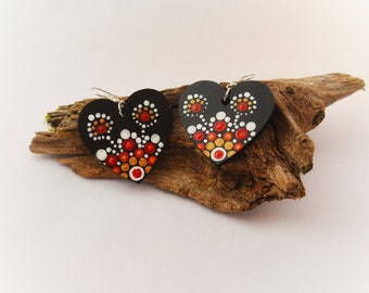 Red Earrings - Mandala Earrings - Heart Earrings - Big Heart - Dangle Earrings - Boho Style - Handmade Wood Jewelry - Wooden Heart