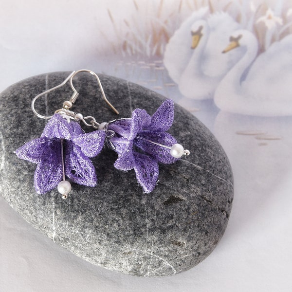 Bluebell Earrings Purple - Lace Earrings - Fairy Earrings - Spring Flowers - Bell Flower - Bluebell Embroidery - Woodland Earrings