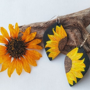 Hand-Painted Sunflower Earrings: Large Wooden Dangle Earrings