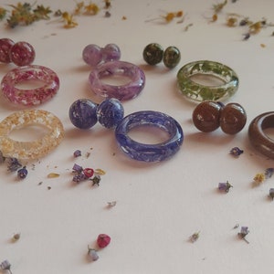 Resin Flower Rings - Flower Earrings Ring Set - Real Flower Ring - Dried Flower Earrings