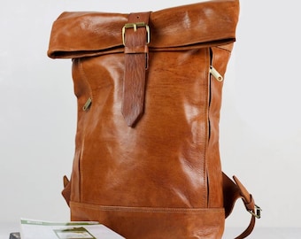Leather Backpack - Durable Tan & Dark Brown Roll-Top Rucksack with Buckles, Unisex Travel Bag