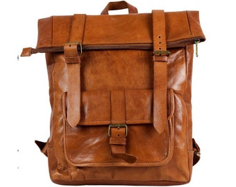 Leather Backpack - Durable Tan & Dark Brown Roll-Top Rucksack with Buckles, Unisex Travel Bag