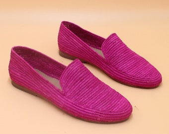 Pink Raffia Loafers - Elegant Handmade Raffia Slip-Ons , Casual Walking Shoes , Women's Moccasins, gift for her