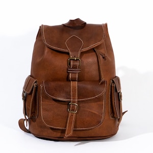 Handmade Leather Backpack for Men & Women – Camel Tan Rucksack with Pockets – Travel, School, Laptop Bag – Moroccan Artisan Craft
