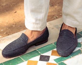 Mocasines de rafia negros hechos a mano: zapatos marroquíes de verano para hombre