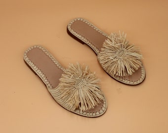 Women's Shoes-Raffia sandals-Flat sandals-Handmade Sandals-Open toe Sandals-Raffia Slide-Birthday Gift