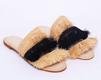 Raffia Sandals for Women - Chic Black and Beige Fringe Slides, Handmade Summer Flat Sandals, Boho Artisan Woven Slip-Ons