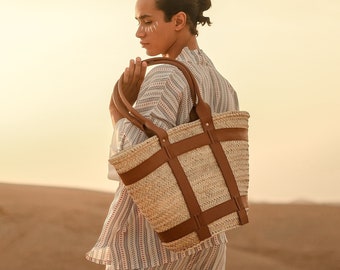 Boho Chic Large Straw Tote Bag, Summer Beach Essential Handwoven Accessory, Sustainable Fashion Statement with Leather Straps