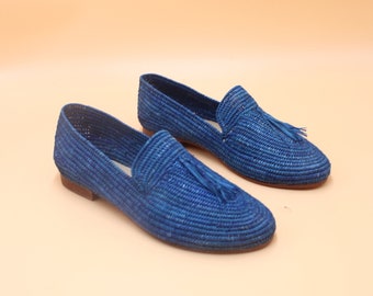 Handmade Blue Raffia Loafers: Moroccan Tassel Slip-Ons