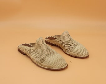 Mules de rafia hechas a mano, sandalias babuchas marroquíes, zapatos de verano transpirables de doble tejido, sandalias de playa estilo boho, regalo orgánico para ella.