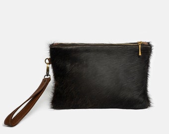 Black Faux Fur Clutch: Elegant Evening Bag with Leather Wristlet