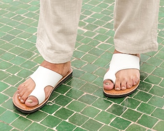 Handmade White Leather Sandals for Men: Moroccan Slip-Ons