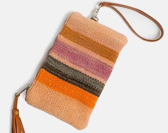 Woven Wool Clutch Bag: Leather Wristlet Purse Pouch