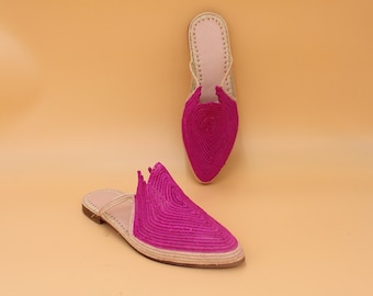 Handmade Pink Raffia Slippers: Eco-Friendly Moroccan Woven Shoes