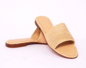 Women's Natural Raffia Slides | Handmade Moroccan Leather Sole | Boho Slip-On Sandals | Summer Flats