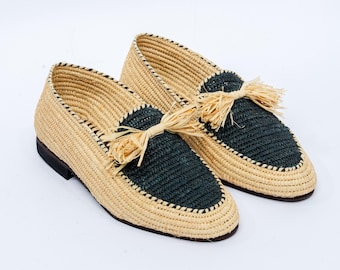 Handwoven Raffia Loafers for Men – Natural Straw & Black Slip-On Shoes