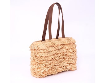 Borsa tote con frange in rafia fatta a mano: borsa da spiaggia con cinturino in pelle boho